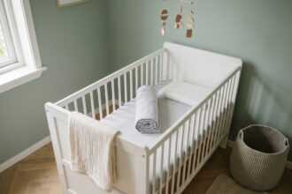 Lit bébé en bois blanc avec barrières à barreaux dans une chambre de bébé moderne aux murs vert sauge