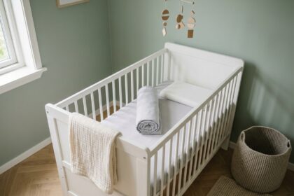 Lit bébé en bois blanc avec barrières à barreaux dans une chambre de bébé moderne aux murs vert sauge