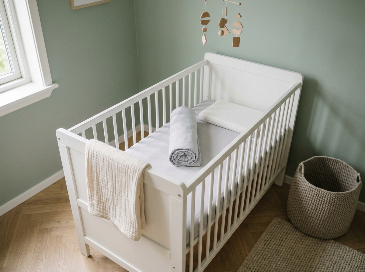 Lit bébé en bois blanc avec barrières à barreaux dans une chambre de bébé moderne aux murs vert sauge