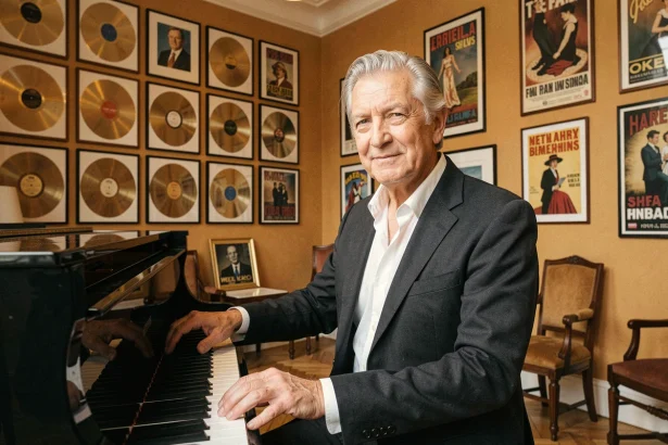 Luc Plamondon, compositeur québécois célèbre, pensif au piano dans un salon rempli de disques d'or et d'affiches de spectacles