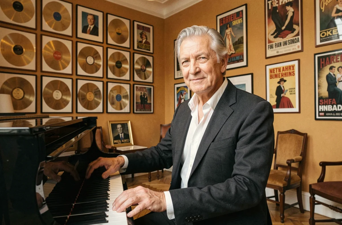 Luc Plamondon, compositeur québécois célèbre, pensif au piano dans un salon rempli de disques d'or et d'affiches de spectacles