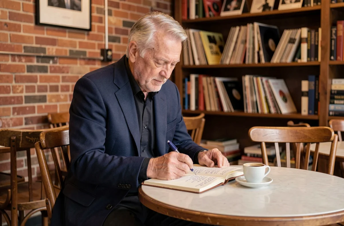 Compositeur québécois mature concentré sur ses notes dans un bistro montréalais chaleureux, atmosphère créative et intimiste