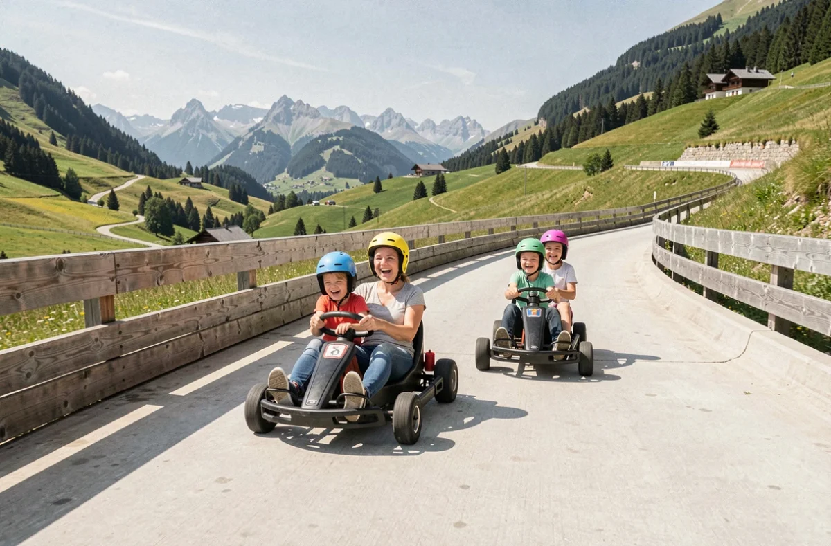Famille sur la luge 4 saisons des Gets sur les pentes verdoyantes en été