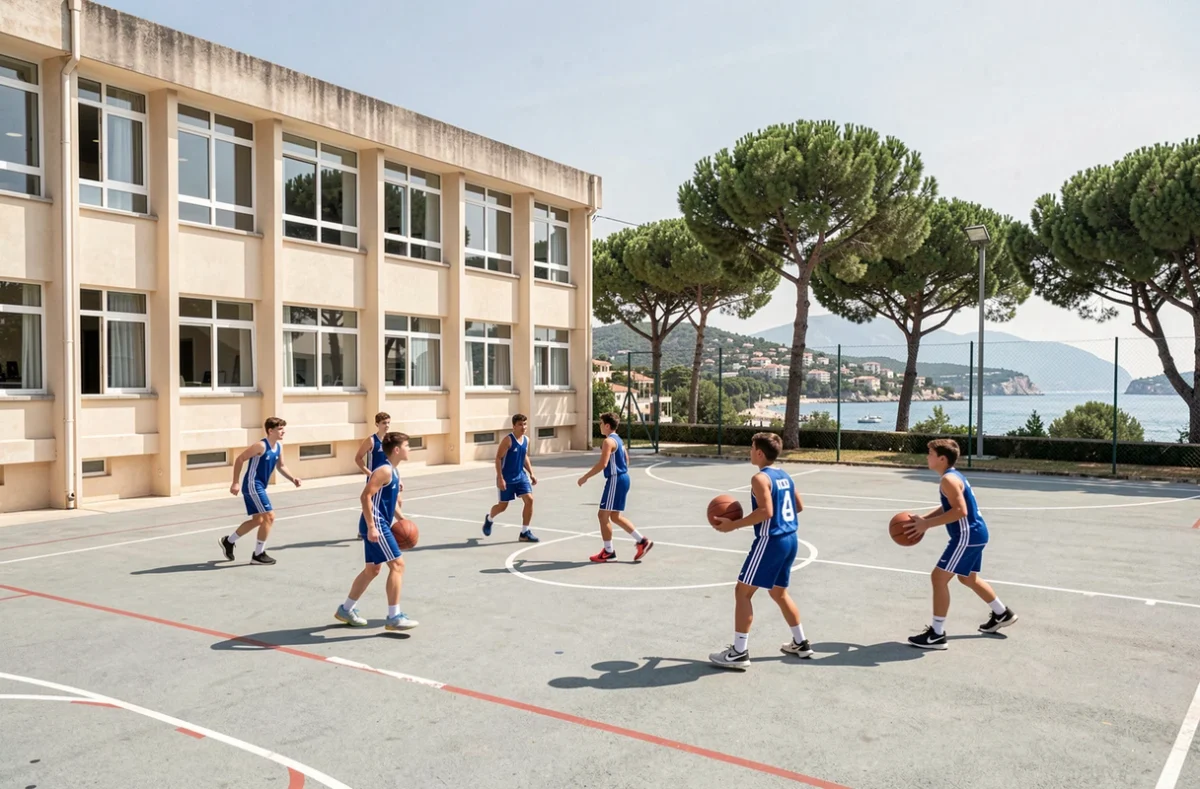 Lycée Mont Saint-Jean à Antibes, élèves en cours d'éducation physique dans la cour avec vue sur la côte
