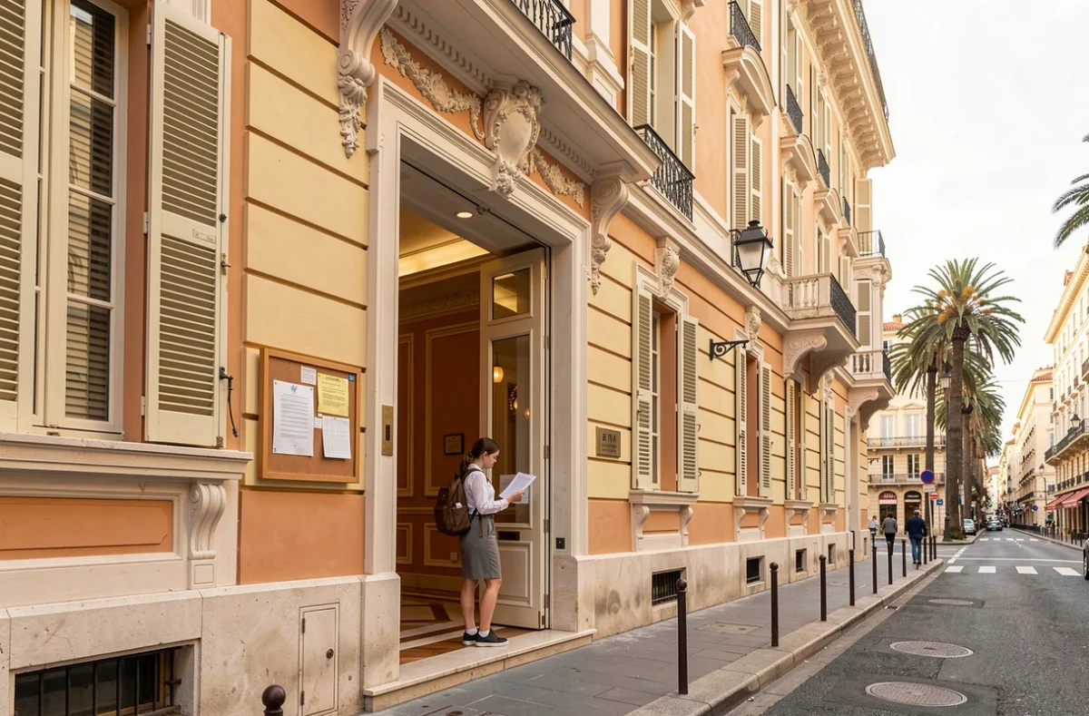 Lycée Saint-Barthélémy à Nice, façade Belle Époque aux tons ocre avec une élève consultant le tableau d'affichage