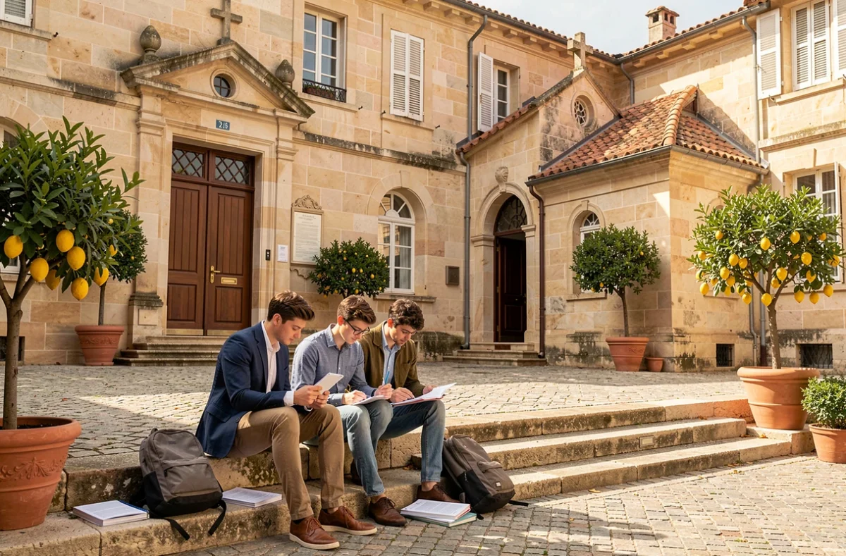 Lycée Saint-Joseph à Nice, trois lycéens révisant leurs notes dans la cour pavée de l'établissement catholique