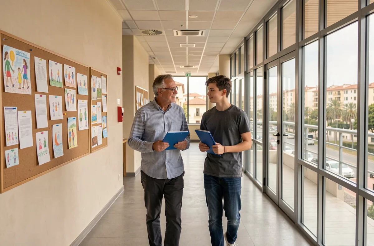 Lycée Sasserno à Nice, enseignant et élève en discussion dans le couloir moderne de l'établissement