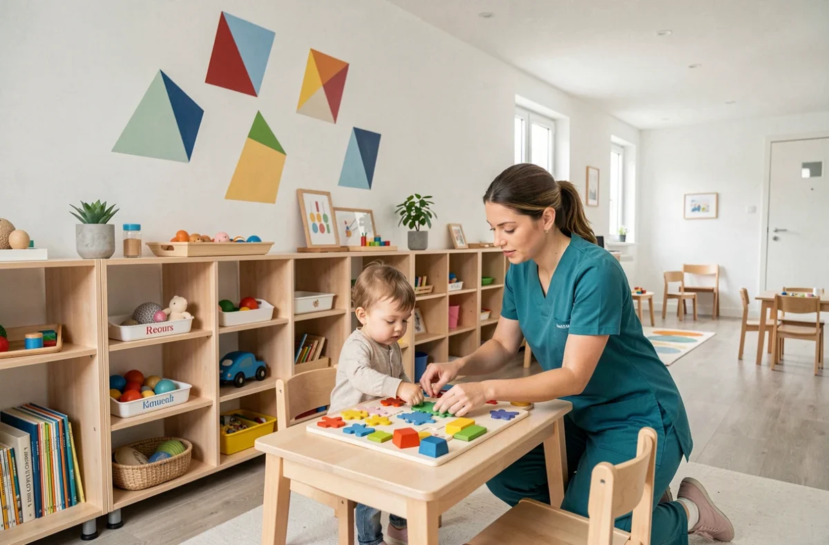 Intérieur moderne et organisé de la crèche Ma Crèche à Angers avec une éducatrice accompagnant un enfant dans une activité Montessori