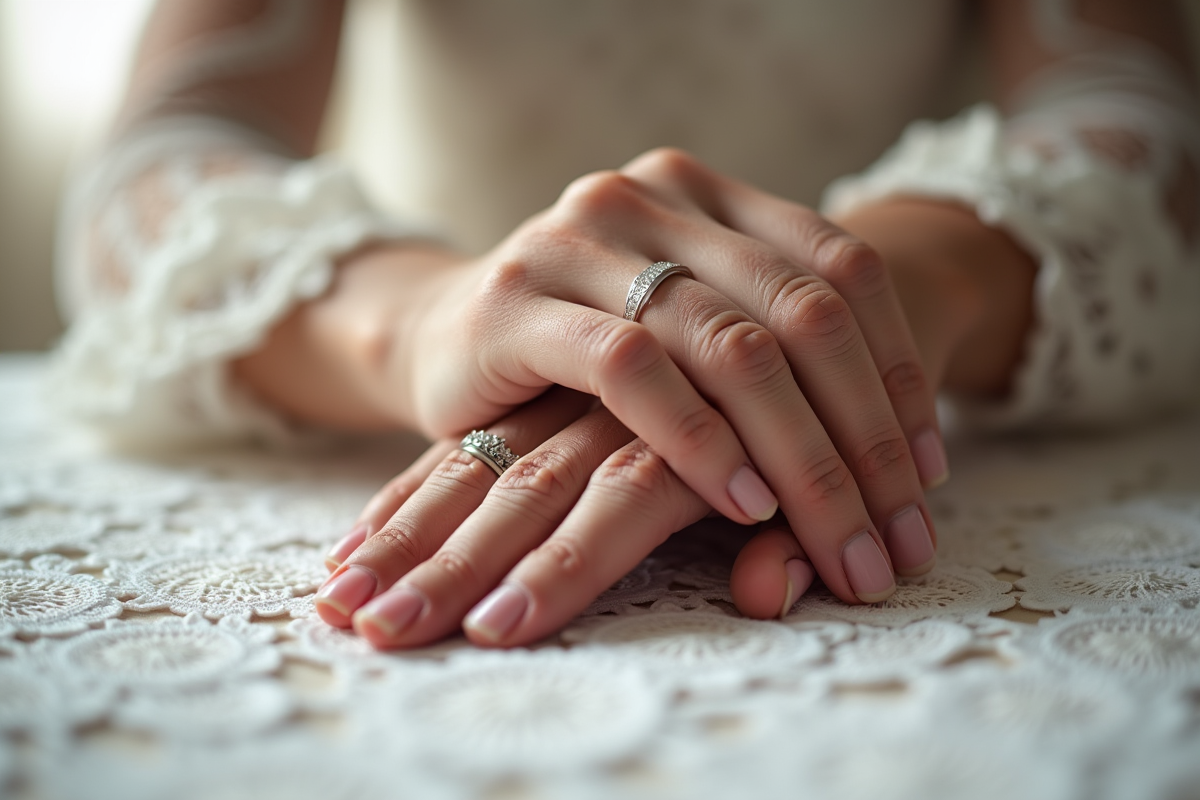 Mains entrelacees avec bagues de mariage sur une nappe en dentelle