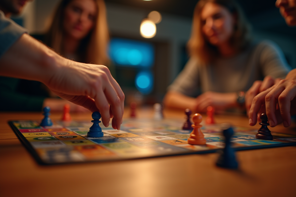 Mains déplaçant des pièces de jeu colorées sur une table