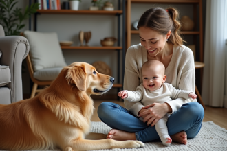 Maman souriante avec bébé et chien dans le salon