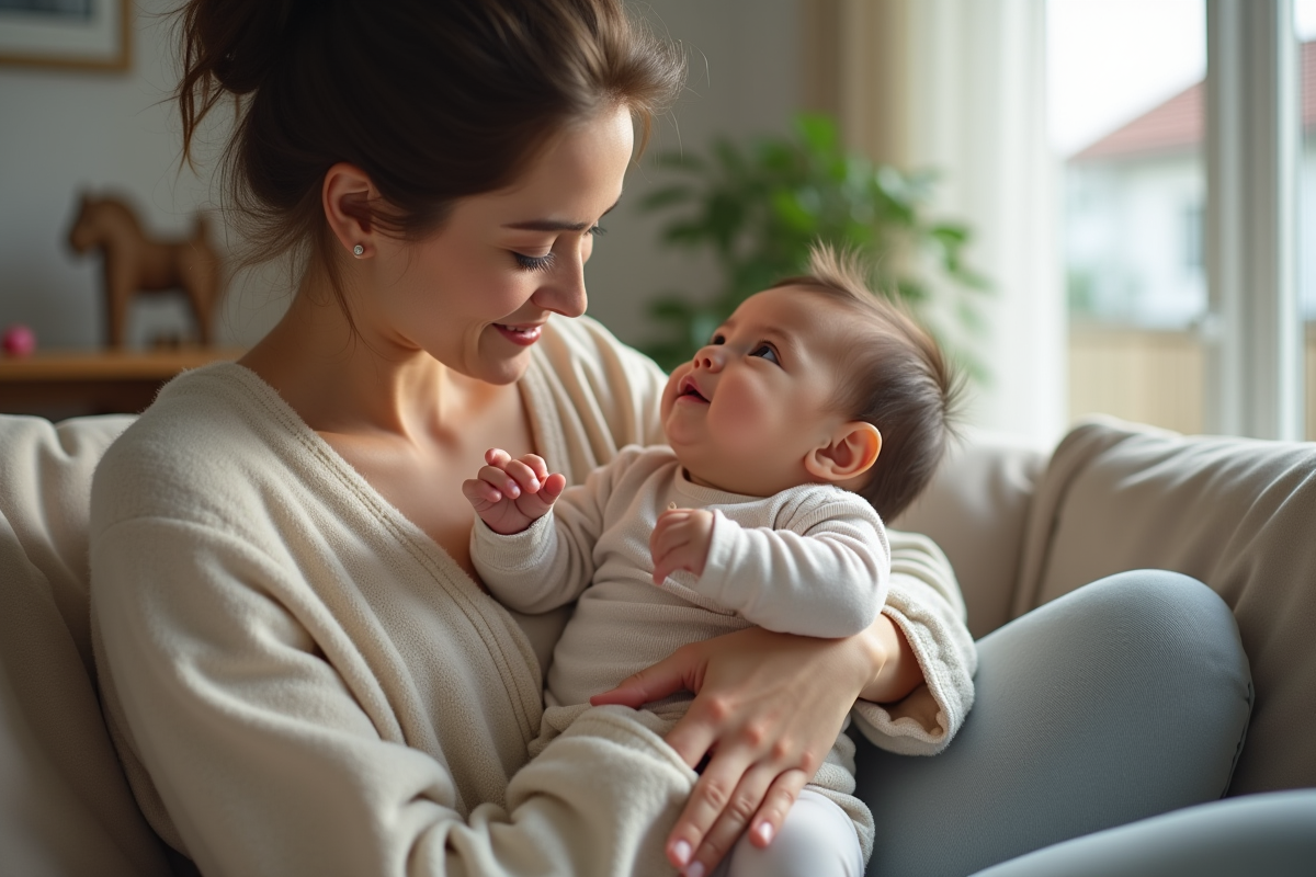 Jeune maman avec son bébé dans un salon chaleureux