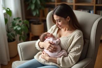 Jeune maman avec bébé dans un salon chaleureux