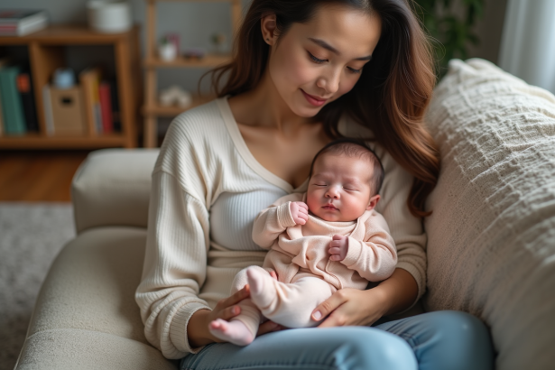 Jeune maman tenant son bébé dans un salon chaleureux