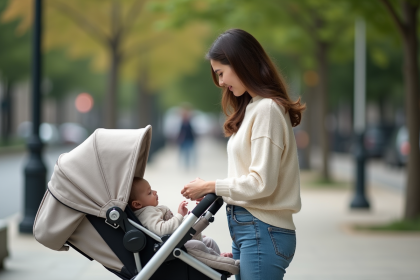 Jeune maman sécurisant son bébé dans une poussette en ville