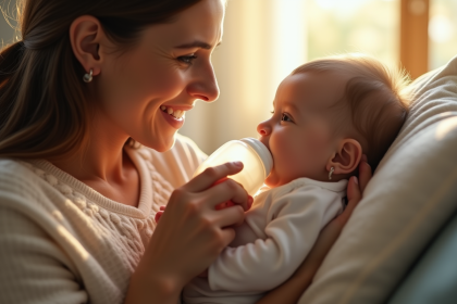 Maman souriante biberonnant son bébé dans un salon lumineux