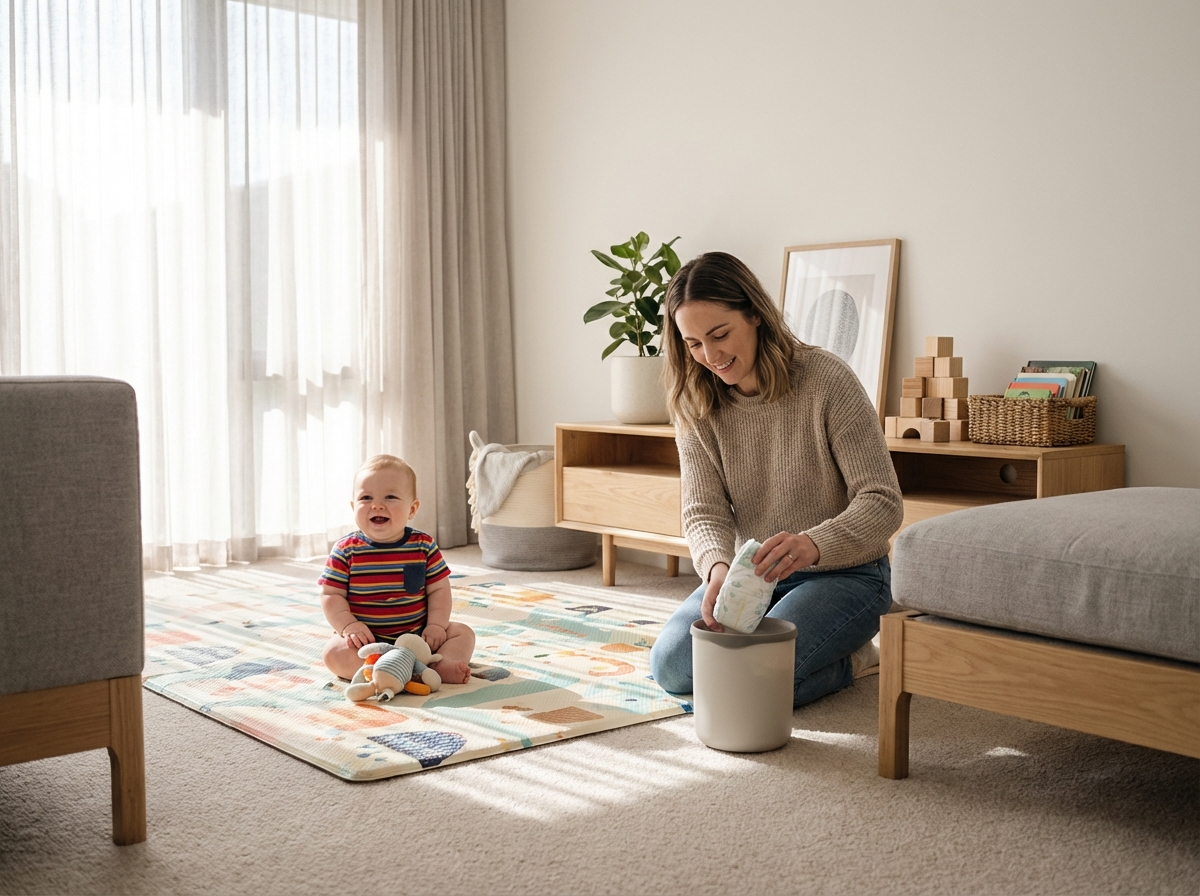 Maman changeant la couche de son fils sur un tapis de jeu