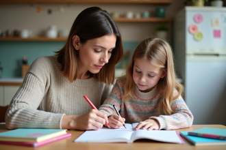 Maman et fille en pleine activité scolaire à la maison