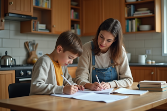 Femme guidant un garçon pour ses devoirs à la maison