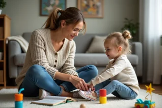 Maman aidant sa fille à faire ses lacets dans le salon