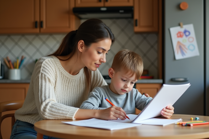 Maman lit un dossier PrimOT avec son enfant à la maison