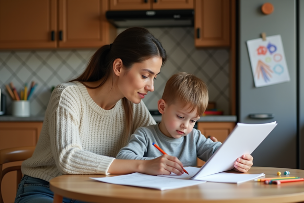 Maman lit un dossier PrimOT avec son enfant à la maison