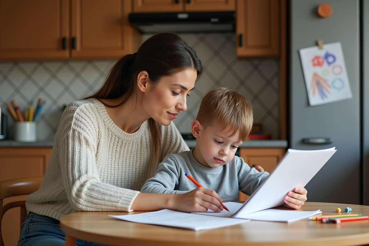 Maman lit un dossier PrimOT avec son enfant à la maison