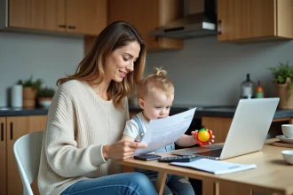 Femme avec enfant en cuisine utilisant un ordinateur
