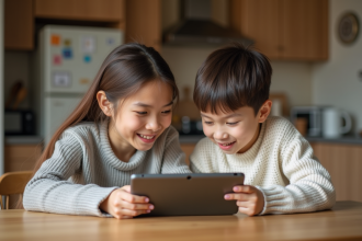 Maman et son enfant regardent une tablette dans la cuisine chaleureuse