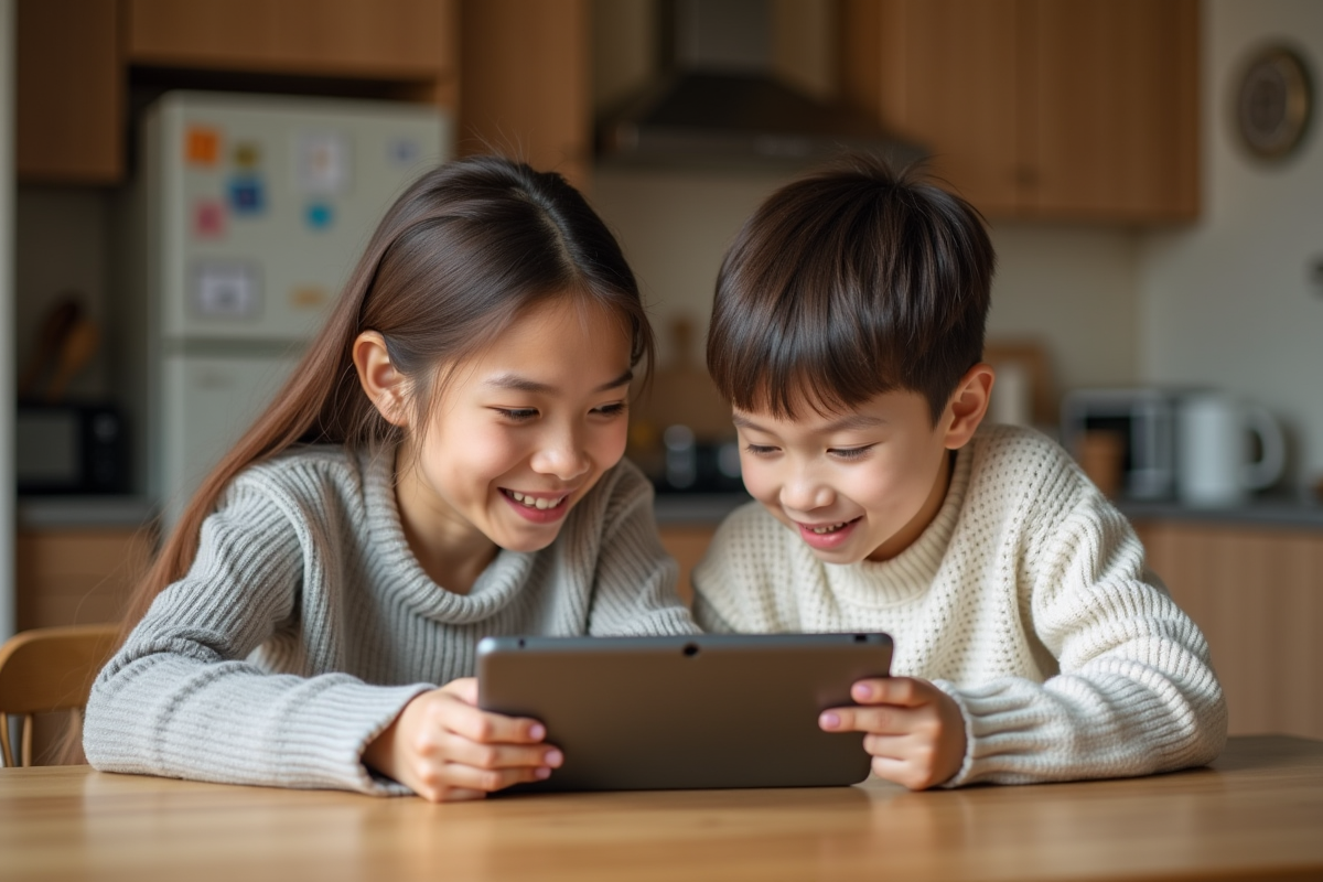 Maman et son enfant regardent une tablette dans la cuisine chaleureuse