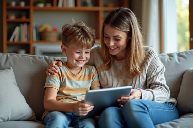Maman aidant son fils à explorer une tablette dans le salon