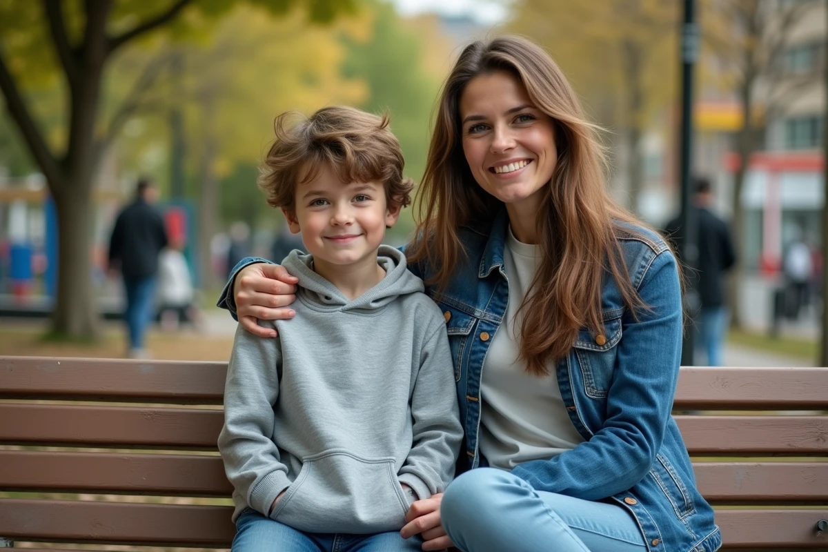 Moment mère et enfant dans un parc avec sourires subtils