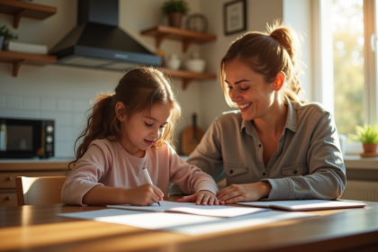 Maman aidant sa fille à faire ses devoirs à la maison