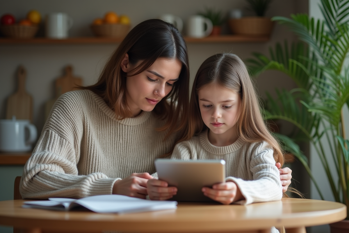 Mère et fille discutant avec une tablette à la table de cuisine