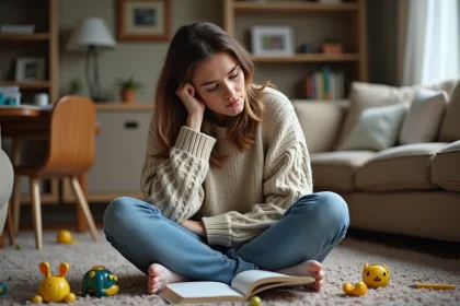 Femme assise sur le sol avec jouets et carnet