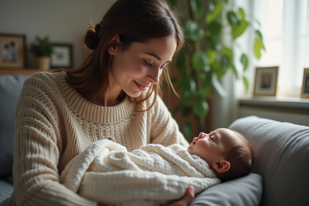 Maman vérifiant son bébé dans le salon chaleureux