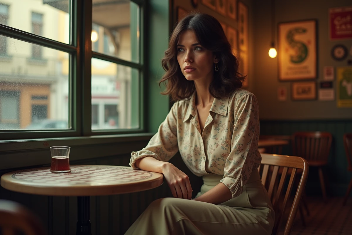 Femme aux traits méditerranéens dans un café parisien rétro des années 1970, évoquant la figure de María de la Soledad dans l'histoire de Mesrine