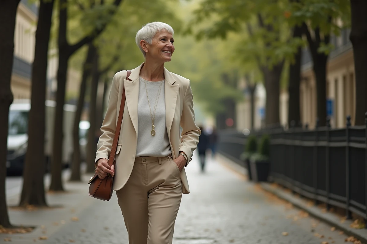 Femme élégante marchant dans une allée parisienne arborée, souriant vers un proche hors cadre, illustrant un moment de complicité familiale