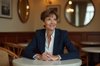 Femme élégante d'une cinquantaine d'années assise dans un café parisien, souriant avec sérénité, évoquant des confidences sur sa vie de famille