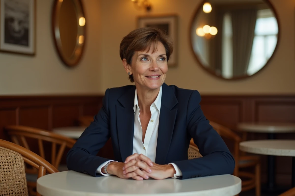 Femme élégante d'une cinquantaine d'années assise dans un café parisien, souriant avec sérénité, évoquant des confidences sur sa vie de famille