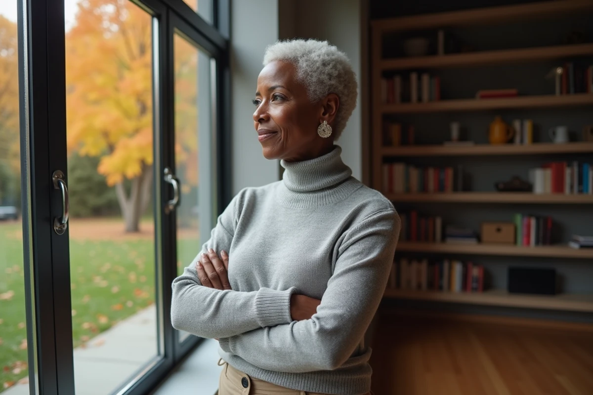 Femme noire élégante en pull gris regardant par une fenêtre donnant sur un parc en automne, posture réfléchie évoquant la maternité et les confidences familiales
