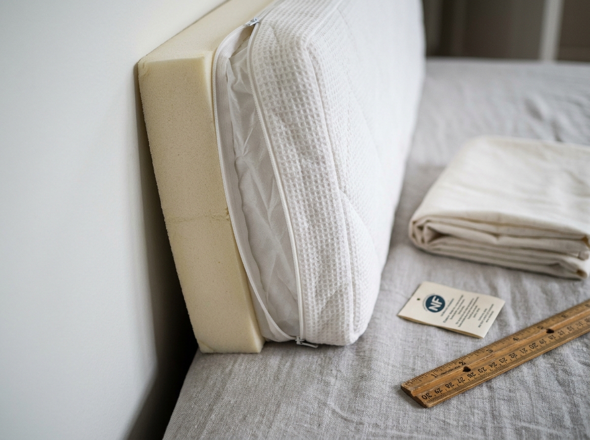 Coupe transversale d'un matelas de lit bébé montrant les couches internes avec drap coton biologique et étiquette de sécurité NF