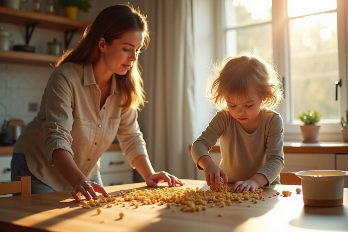 Enfant avec céréales renversées en cuisine matinée familiale