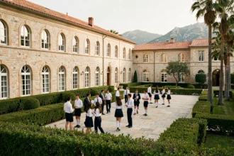 Vue panoramique d'un campus d'école privée dans les Alpes-Maritimes avec architecture méditerranéenne et élèves en uniforme