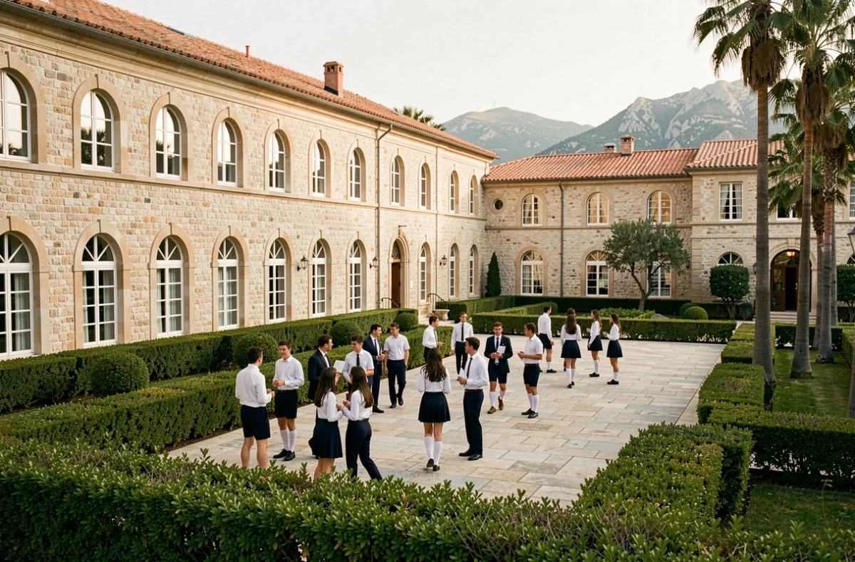 Vue panoramique d'un campus d'école privée dans les Alpes-Maritimes avec architecture méditerranéenne et élèves en uniforme