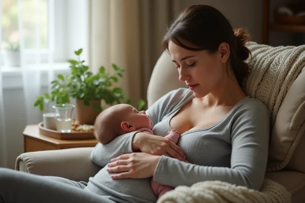 Jeune mère allaitant son nourrisson dans un fauteuil confortable lors d'un pic de croissance, atmosphère chaleureuse et intime