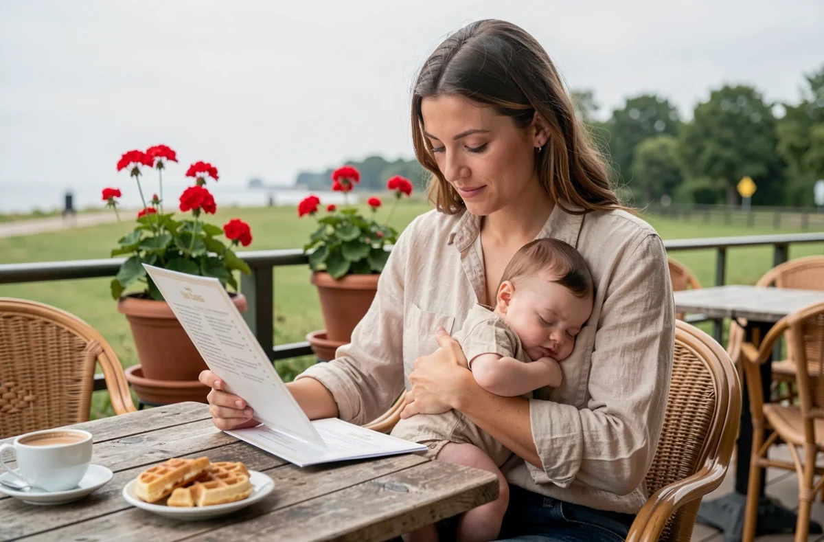 Mère tenant un bébé endormi sur une terrasse de restaurant familial dans le parc de La Panne