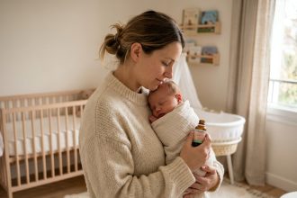 Mère allaitante tenant une bouteille de Calmosine tout en berçant son nouveau-né dans une chambre bébé apaisante