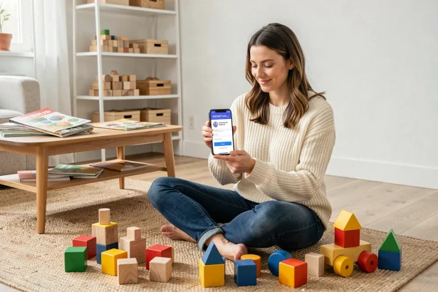 Mère souriante utilisant un code promo sur smartphone entourée de jouets en bois dans un salon scandinave