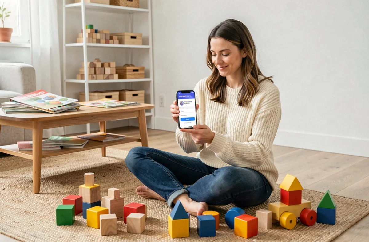 Mère souriante utilisant un code promo sur smartphone entourée de jouets en bois dans un salon scandinave